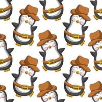 Seamless vector pattern with cute cartoon penguin cowboy