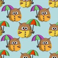 Seamless vector pattern with cute cartoon owl in raincoat with umbrella