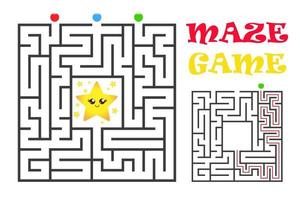 Square maze labyrinth game for kids. Logic conundrum with star. Four entrance and one right way to go. Vector flat illustration isolated on white background.