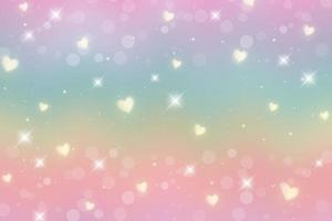 Rainbow fantasy background with hearts and stars. Holographic illustration in pastel colors. Cute cartoon unicorn wallpaper. Bright multicolored sky. Vector