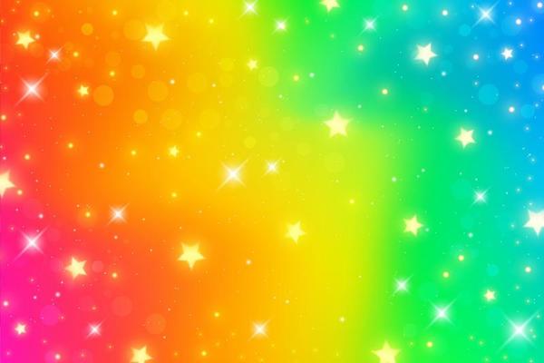 Rainbow fantasy background. Holographic wavy Bright multicolored sky with stars and bokeh. Vector.