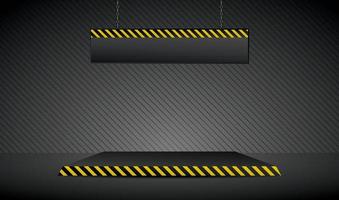 yellow diagonal striped pattern platform with hanging signboard on dark black scene 3d illustration vector