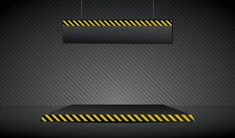 yellow diagonal striped pattern platform with hanging signboard on dark black scene 3d illustration vector