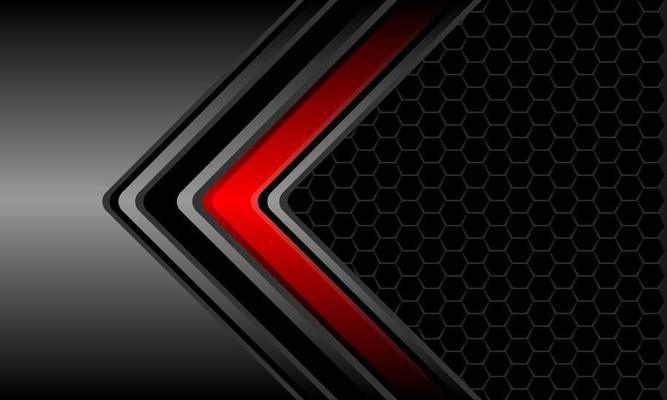 Abstract red dark grey metallic arrow direction black hexagon mesh design modern futuristic technology background vector