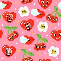 Happy valentine's day background. Seamless vector pattern with comic heart, cherry and flower in trendy retro cartoon style.