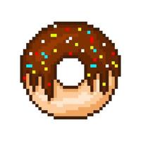 Pixel donut with chocolate icing. Sweet dessert sprinkled with cocoa and colored powder. Confectionery sweet with cream filling for vector 8bit games