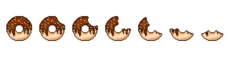 Pixel chocolate donut eating stage. Sweet dessert with color icing and sprinkling is gradually eaten piece by piece. Confectionery sweet with cream filling for vector 8bit games