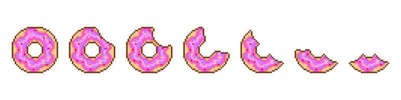 Pixel donut eating stage. Sweet dessert with pink icing and colored sprinkling is gradually eaten piece by piece. Confectionery sweet with cream filling for vector 8bit games