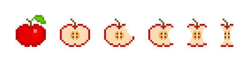Pixel apple eating animation. Red 8bit fruit slowly disappears piece by piece and vector stalk remains. Stages of biting off parts and slices for vector game
