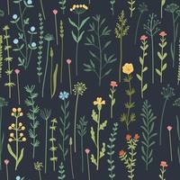 Vector seamless pattern with hand drawn wild plants, herbs and flowers, colorful botanical illustration,