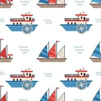 Vector sailboats and ships seamless pattern. Marine flat vector background