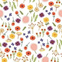 Vector seamless pattern with hand drawn wild plants, herbs and flowers, colorful botanical illustration,