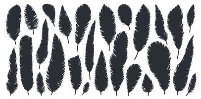 Bird feathers, black silhouettes closeup isolated on white vector