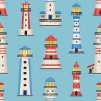 Vector flat style lighthouses with searchlight, marine theme seamless pattern