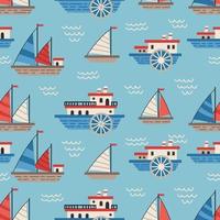 Vector sailboats and ships seamless pattern. Marine flat vector background