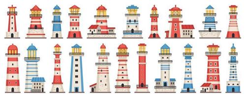 conjunto de vectores de faro de dibujos animados. reflector torres planas de diferentes tipos