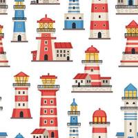 Vector flat style lighthouses with searchlight, marine theme seamless pattern