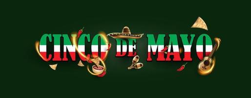 fiesta mexicana del cinco de mayo. sombrero sombrero, maracas y tacos y comida festiva con los colores de la bandera de méxico. ilustración vectorial. vector