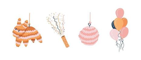 A set of attributes for a birthday pinata, firecracker, balls vector