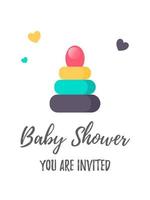 invitación vertical para baby shower con una linda pirámide de juguete. vector