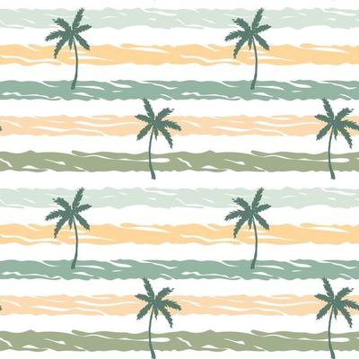 Hand drawn striped summer seamless pattern with hand drawn palm trees. Vector illustration