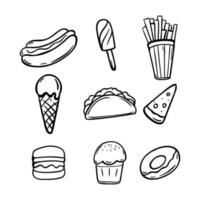 comida rápida doodle dibujado a mano conjunto ilustración vector