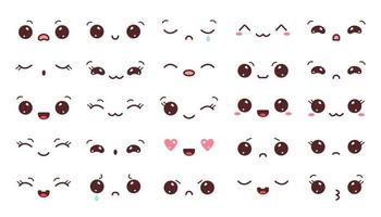 colección de caras kawaii. conjunto de ojos y bocas kawaii con diferentes emociones. ilustración vectorial aislado sobre fondo blanco