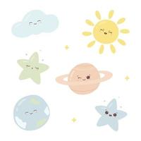 Set of space and celestial elements with cute faces. Funny kawaii stars, planets, sun and cloud in pastel colours. Vector Illustration isolated on white background