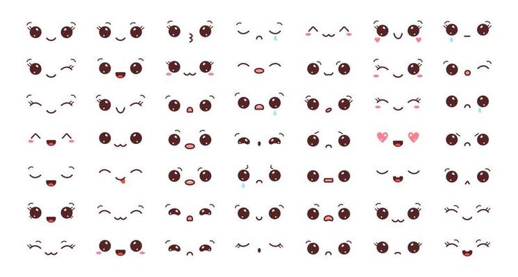 Big set of kawaii faces. Collection of kawaii eyes and mouths with different emotions. Vector illustration isolated on white background