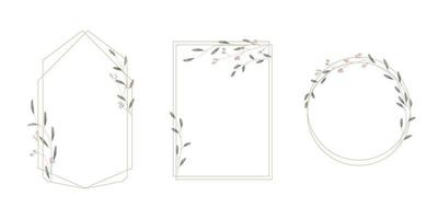 Set of frames in minimalistic, rustic and watercolor style. Geometric borders with watercolor branches, leaves and flowers. Modern frames for design wedding invitation and greeting card. Vector