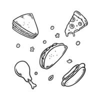 comida chatarra doodle conjunto ilustración dibujado a mano vector
