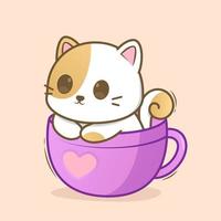 cute cat inside coffee cup vector