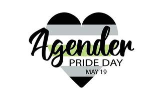 Agender Pride Day on May 19 vector banner with heart in color of Agender Pride Flag horizontal stripes. LGBTQ community gender group symbol