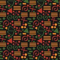 Tribal African ethnic seamless pattern with simple lines and figures in red, yellow and green. Vector traditional black background, textile, paper, fabric. Kwanzaa, Black history month, Juneteenth.