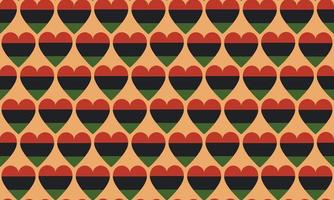 Seamless pattern background with hearts in color of Pan African flag - red, black, green. Vector backdrop texture for Juneteenth, Black History Month, Kwanzaa.