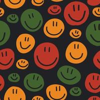 Cute childish bright seamless pattern with circles with smiley face. Vector texture in African colors - red, green, yellow, black background. children print Juneteenth, Kwanzaa, Black History Month.