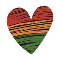 Black heart with textured stripes in traditional African colors - red, yellow, green. Design element for Juneteenth, Kwanzaa, Black History month. Vector illustration isolated on white background.
