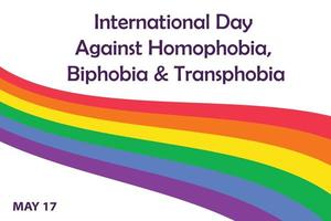 día internacional contra la homofobia, la bifobia y la transfobia el 17 de mayo. celebración, concienciar sobre las violaciones de los derechos lgbt. banner, plantilla de tarjeta de felicitación con cinta de rayas de arco iris de colores. vector