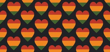 patrón impecable con corazones en colores panafricanos tradicionales - fondo rojo, amarillo, verde, negro. telón de fondo para kwanzaa, mes de la historia negra, día del amor negro, tarjeta de felicitación del 16 de junio, pancarta. vector