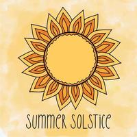 Summer Solstice June 21. Longest day of the year. Vector illustration with stylized sun, text and watercolor textured yellow sunset sky background. banner, poster, greeting card design.