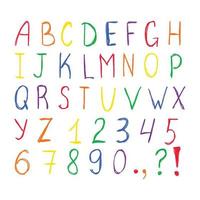 crayón, fuente del alfabeto de lápiz de color. Letras, números y símbolos del alfabeto de colores brillantes del arco iris. abc con textura de tiza vectorial aislado. estilo simple de escritura a mano para niños. vector
