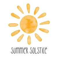 icono de sol de vector simple con textura de acuarela. ilustración vectorial, tarjeta de saludo para el solsticio de verano, día más largo del año