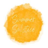 Summer Solstice June 21. Longest day of the year. Vector illustration with watercolor textured yellow sunset sun spot, orange yellow sky background. banner, poster, greeting card design template.