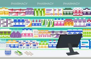 interior de farmacia con mostrador y medicamentos en estantes vector