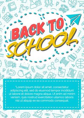 Back to school card with color label consisting of icon paper plane on background.