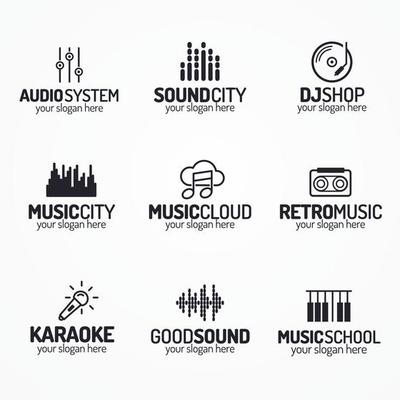 Music shop logo set with different icons black color style