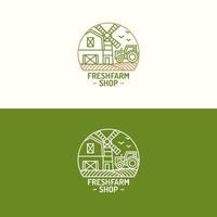 Fresh farm shop logo set color line with farm landscape for nature firm, garden
