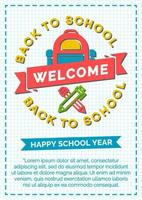 Back to school card with color emblem consisting of school backpack, pen and pencil