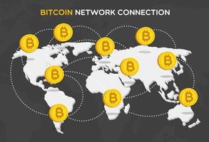 Bit coin network connection consisting of bitcoin money, world map and connection vector