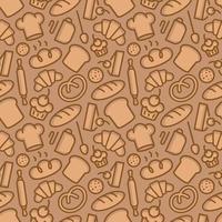 Bakery seamless pattern consisting of food and baking accessories line style brown color vector